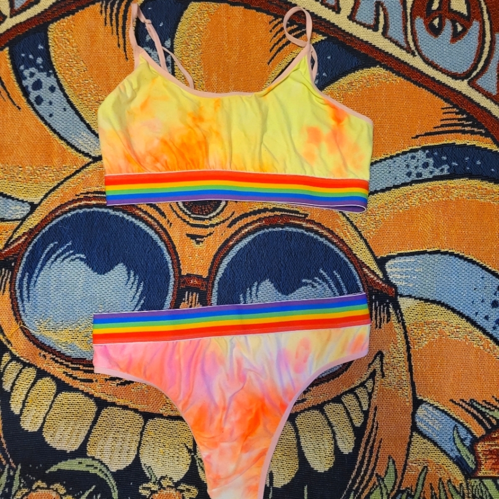 Rainbow Tye-Dye lounge set thong underwear